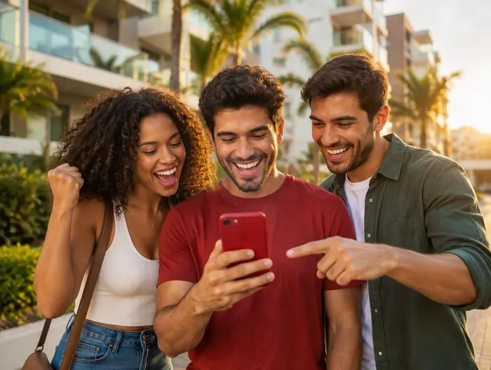 Amigos comemorando no celular em frente a um condomínio